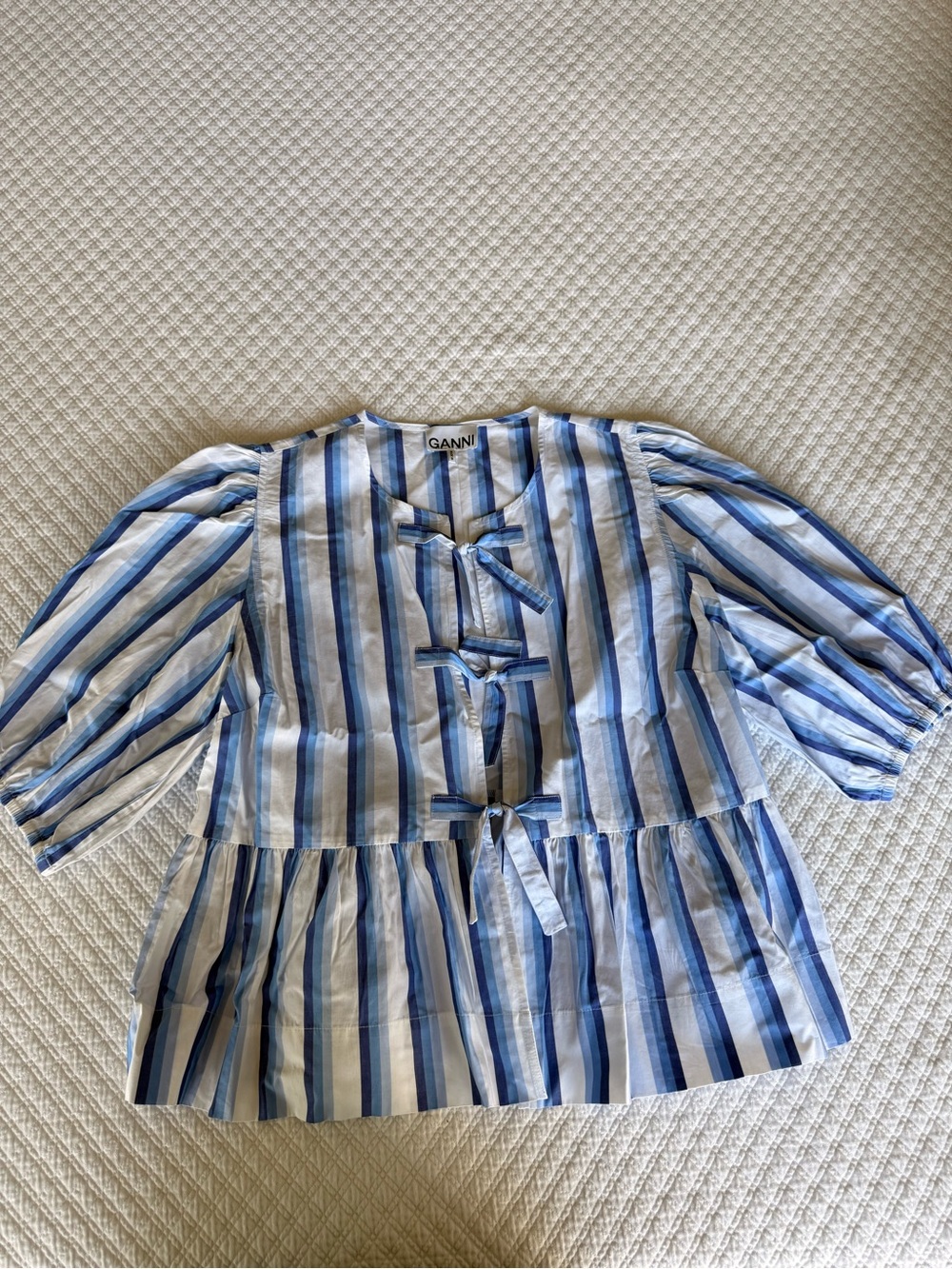 Ganni Blue and White Striped Tie-Front Peplum Blouse